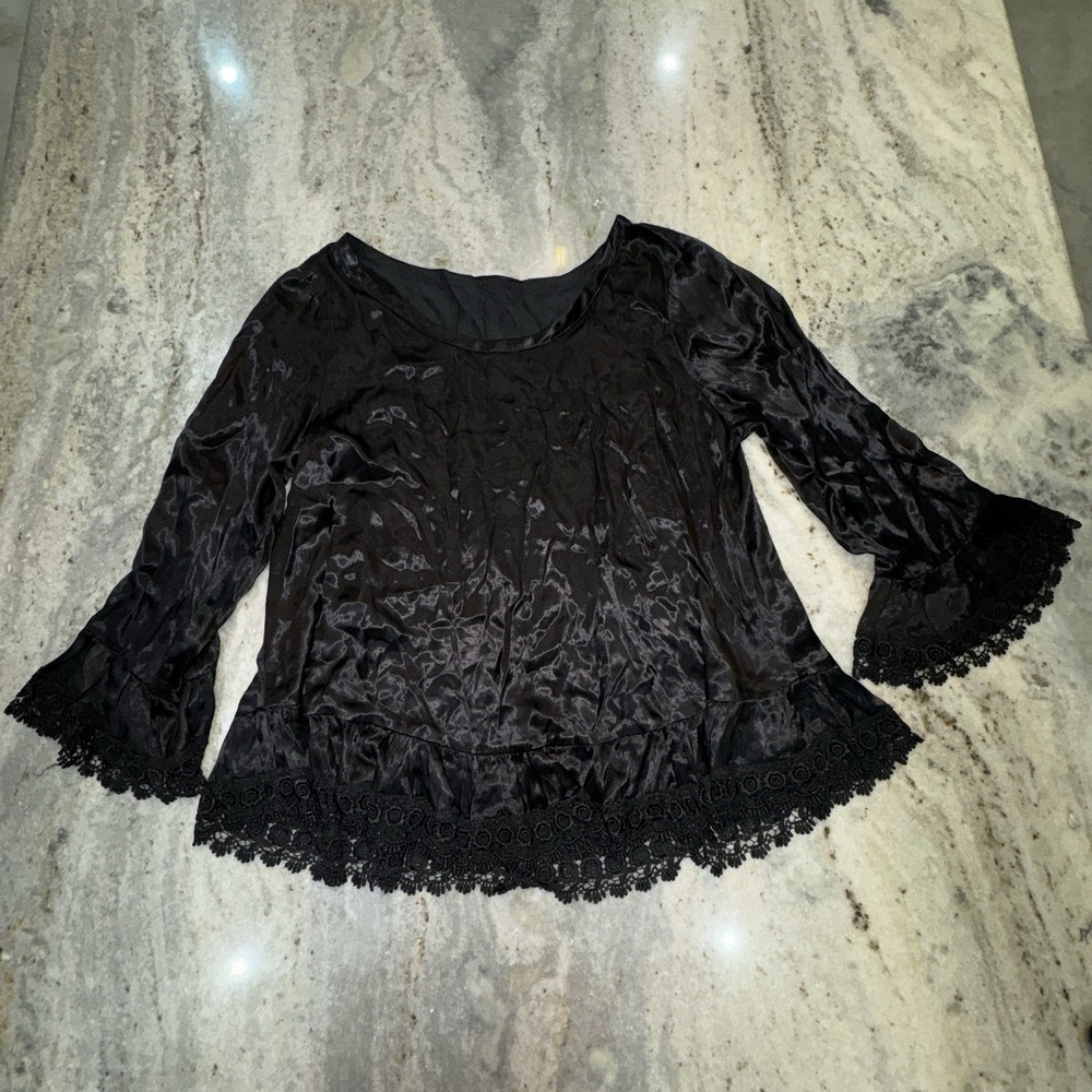 Hearts Desire By Mary Grace Size L Black Blouse Lace Trim 3/4 Sleeve‎ Top Gothic